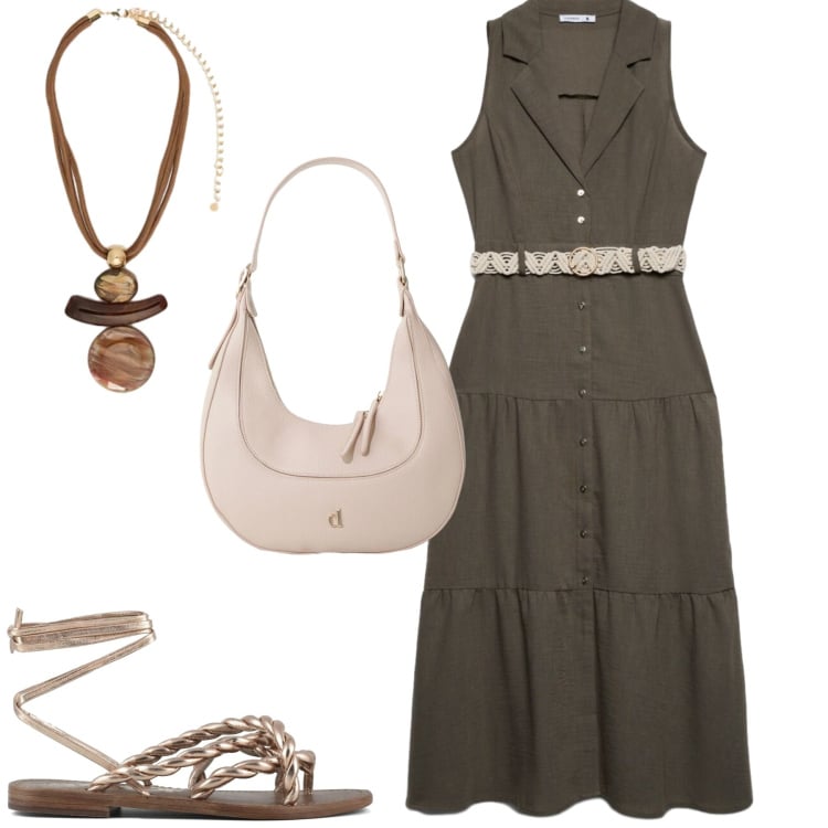Outfit donna - Total look #2397632. Stile Casual chic per Tutti i giorni. Abbinamento con vestiti chemisier, borse a tracolla, ciondoli, sandali in pelle.