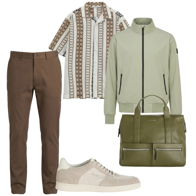 Outfit uomo - Sabbia e terra. per Ufficio. Abbinamento con camicie a manica corta, borse sportive, sneakers, pantaloni, bomber.