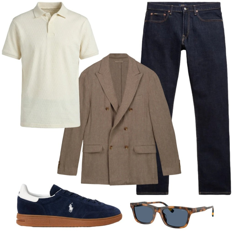Outfit uomo - 76. All\'alba. Stile Casual per Ufficio. Abbinamento con polo, giacche, sneakers, jeans, occhiali da sole.