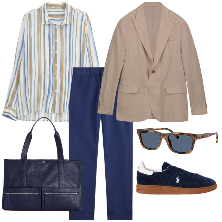 Outfit uomo - Sabbia e terra. per Mare. Abbinamento con camicie, borse sportive, giacche, sneakers, pantaloni, occhiali da sole.