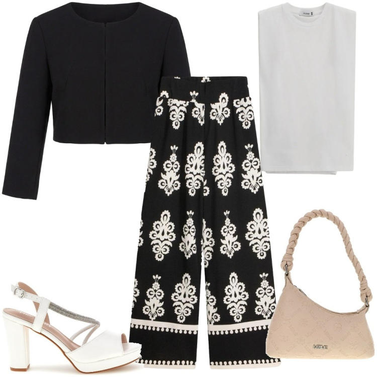 Outfit donna - Aperitivo trendy. Stile Trendy per Serata fuori. Abbinamento con pantaloni, top, bolero, borse a spalla, sandali col tacco.