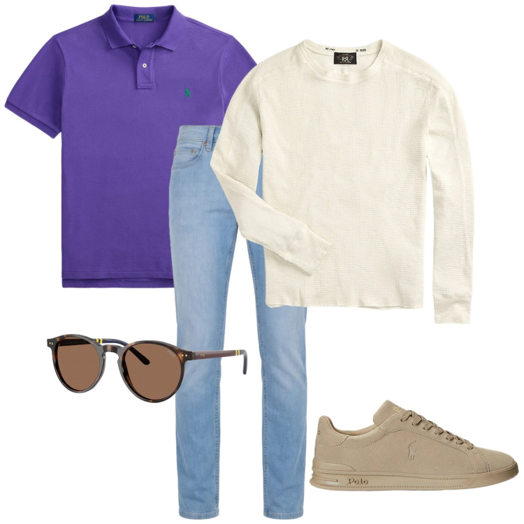 Outfit uomo - La polo viola. per Tutti i giorni. Abbinamento con jeans, maglieria, occhiali da sole, polo, sneakers.