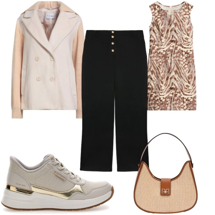 Outfit donna - Aperitivo casual chic. Stile Casual chic per Serata fuori. Abbinamento con caban, vestiti a tubino, borse a spalla, pantaloni, sneakers.
