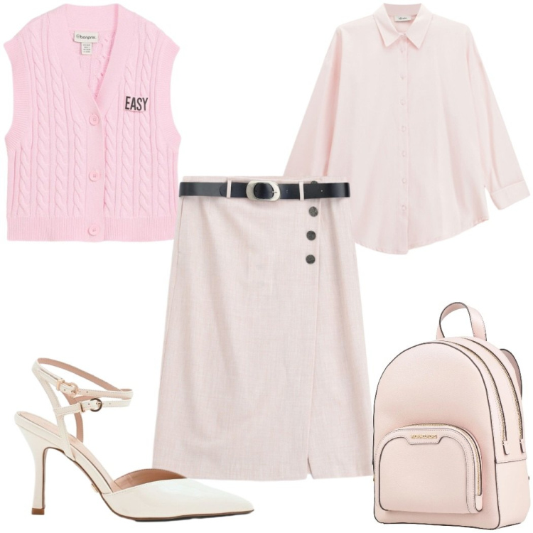 Outfit donna - Maggio in rosa - in ufficio. Stile Trendy per Ufficio. Abbinamento con zaini, maglieria, gonne longuette, décolleté, camicie.