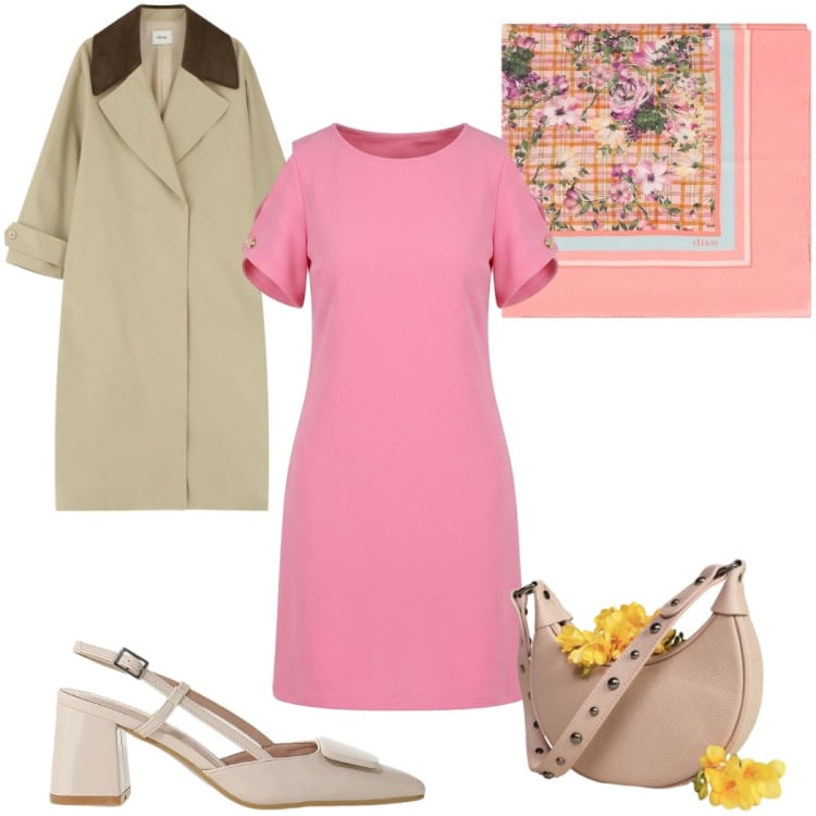 Outfit donna - A maggio con un foulard - romantica. Stile Romantica per Tutti i giorni. Abbinamento con décolleté, vestiti corti, trench, borse a spalla, foulard.