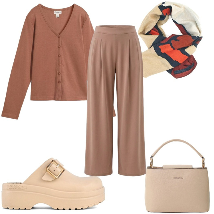 Outfit donna - A maggio con un foulard - 70s. Stile 70s per Tutti i giorni. Abbinamento con cardigans, pantaloni, borse a secchiello, sandali, foulard.