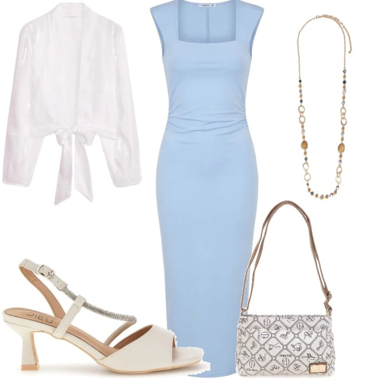 Outfit donna - Silhouette fluide e leggere - cerimonia. Stile Minimal per Cerimonia. Abbinamento con bolero, vestiti midi/longuette, collane, sandali col tacco, borse a tracolla.