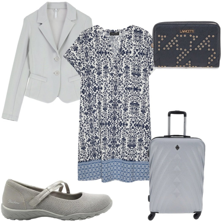 Outfit donna - Silhouette fluide e leggere in grigio. Stile Trendy per Tutti i giorni. Abbinamento con ballerine, blazer, vestiti corti, portafogli, valigie.