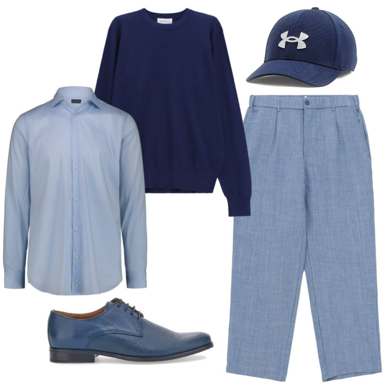 Outfit uomo - 79. Occhi azzurri. Stile Casual per Ufficio. Abbinamento con pantaloni, maglieria, camicie, scarpe stringate, cappelli.