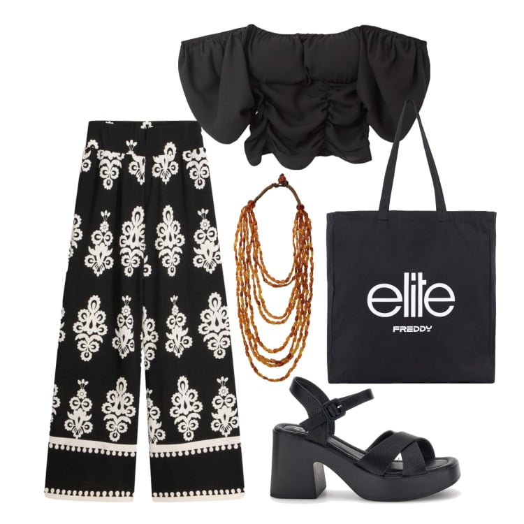 Outfit donna - Maggio. Stile Boho per Tutti i giorni. Abbinamento con pantaloni, bluse, collane, shopping bag, sandali col tacco.
