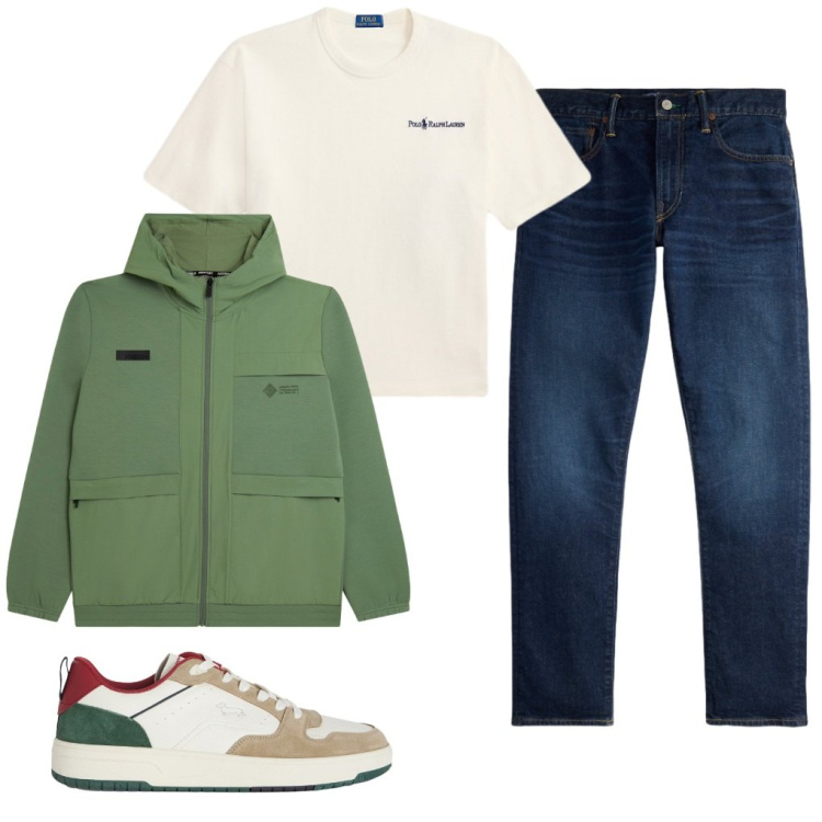 Outfit uomo - 81. Easy. Stile Urban per Tutti i giorni. Abbinamento con sneakers, felpe con cappuccio, jeans, t-shirt.