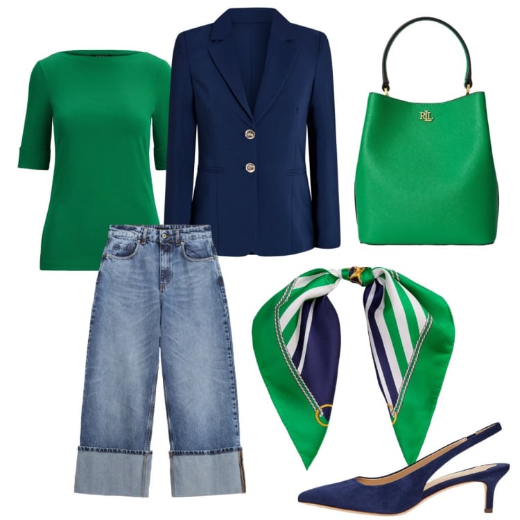 Outfit donna - Total look #2397668. Stile Casual chic per Ufficio. Abbinamento con blazer, jeans, décolleté, borse a secchiello, foulard, t-shirt.