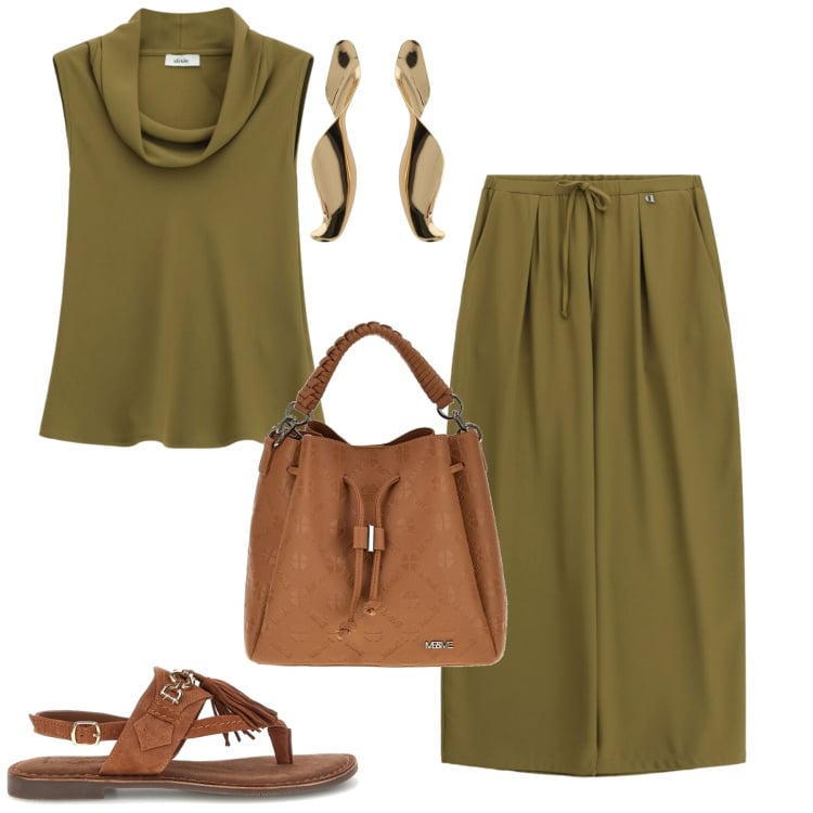 Outfit donna - Maggio. Stile Casual chic per Tutti i giorni. Abbinamento con pantaloni a palazzo, orecchini, top, borse a tracolla, sandali.