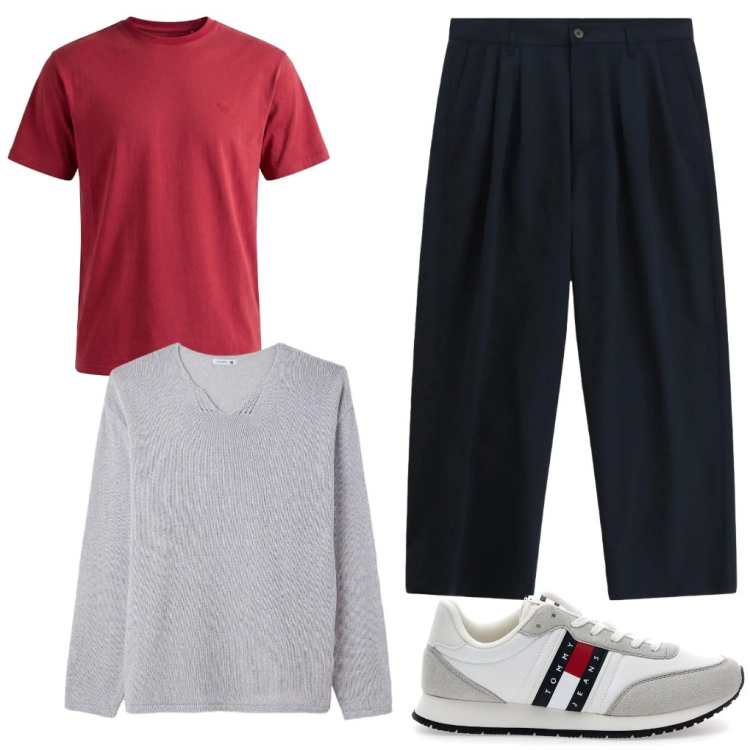 Outfit uomo - 82. Rosso fuoco. Stile Urban per Tutti i giorni. Abbinamento con maglieria, pantaloni, t-shirt, sneakers.