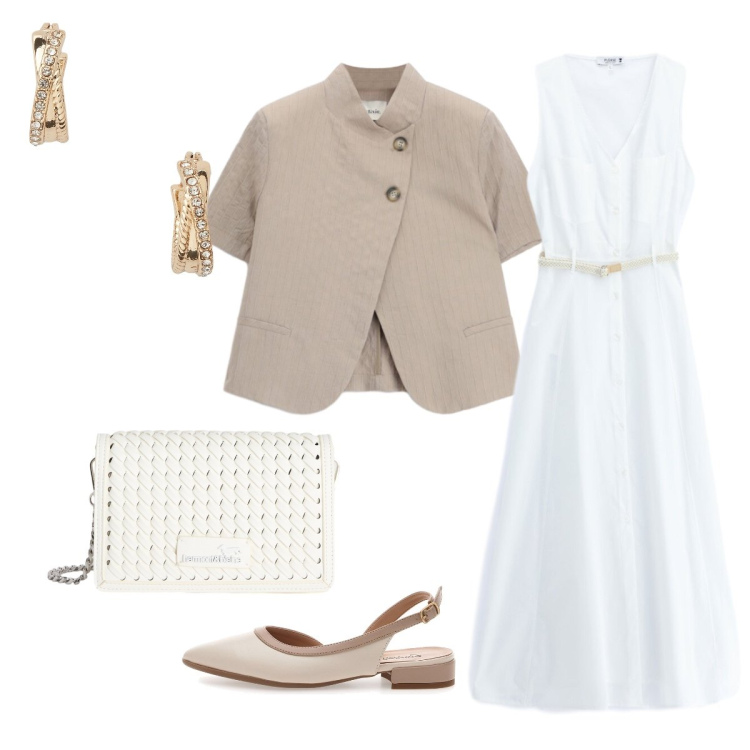 Outfit donna - Cerimonia. Stile Chic per Cerimonia. Abbinamento con borse a tracolla, vestiti lunghi, blazer, orecchini, ballerine.