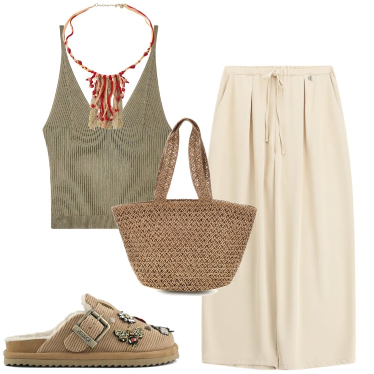 Outfit donna - Maggio. Stile Casual per Tutti i giorni. Abbinamento con top, cappotti, pantaloni a palazzo, sabot, borse a spalla.