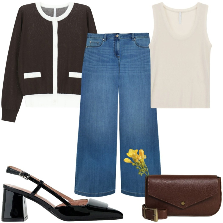 Outfit donna - Silhouette fluide e leggere trendy. Stile Trendy per Tutti i giorni. Abbinamento con cardigans, décolleté, top, borse a tracolla, jeans.