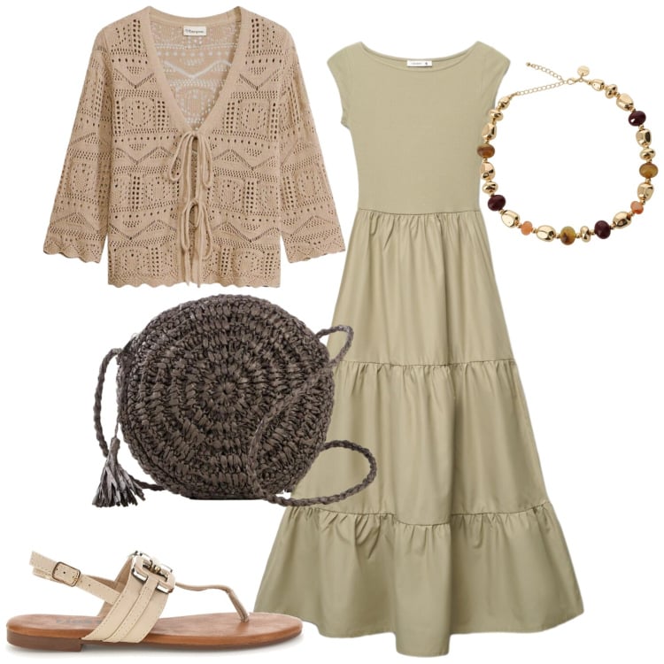 Outfit donna - City. Stile Basic per Tutti i giorni. Abbinamento con cardigans, borse a tracolla, vestiti lunghi, collane, ciabatte.