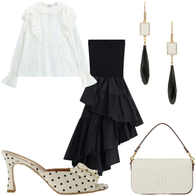 Outfit donna - Silhouette fluide e leggere Black &White. Stile Trendy per Serata fuori. Abbinamento con gonne lunghe, sandali col tacco, bluse, orecchini, borse a spalla.