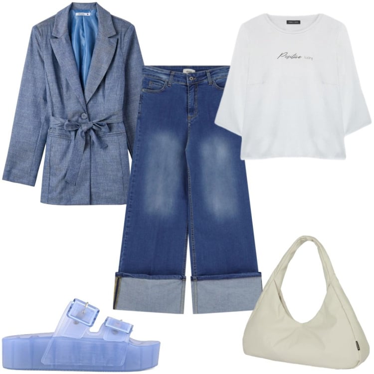 Outfit donna - Punto vita protagonista : la giacca. Stile Trendy per Tutti i giorni. Abbinamento con blazer, jeans dritti, bluse, borse a spalla, sandali.