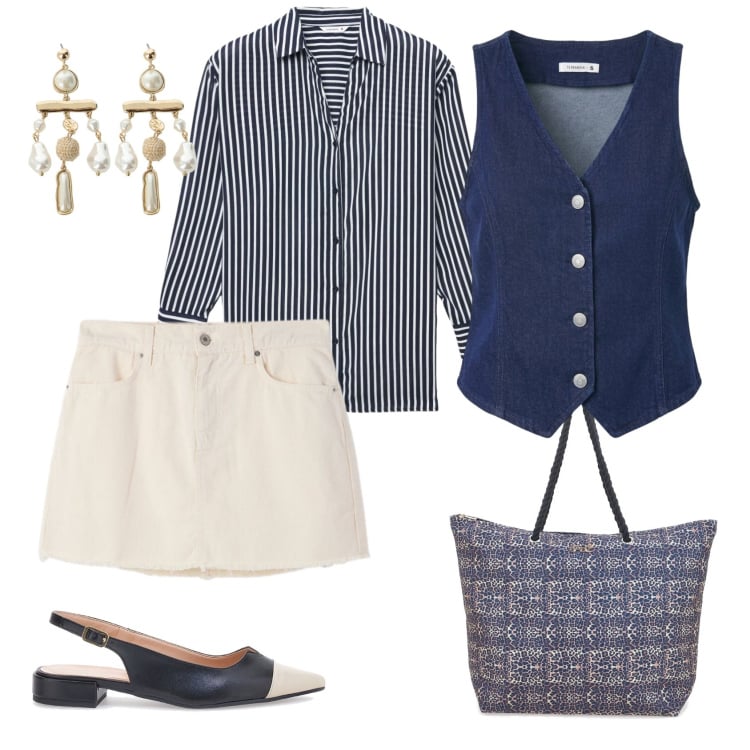 Outfit donna - Total look #2397703. Stile Casual chic per Ufficio. Abbinamento con gilet, camicie, minigonne, orecchini, ballerine, shopping bag.