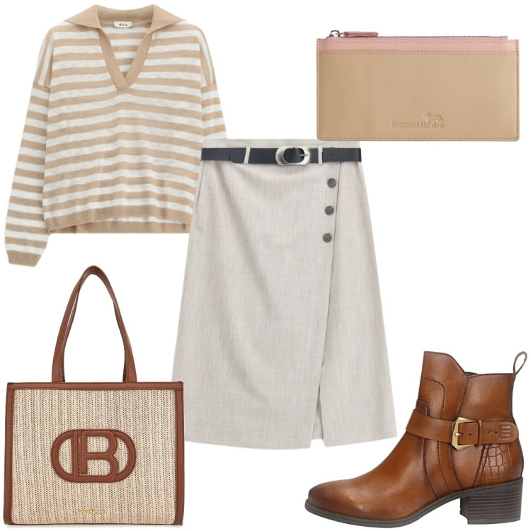 Outfit donna - Punto vita protagonista la gonna. Stile Casual per Ufficio. Abbinamento con portafogli, gonne longuette, maglieria, borse a spalla, stivaletti.