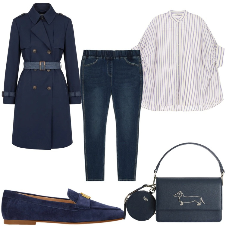 Outfit donna - Punto vita protagonista il trench. Stile Casual per Tutti i giorni. Abbinamento con trench, borse a tracolla, camicie, jeggings, mocassini.