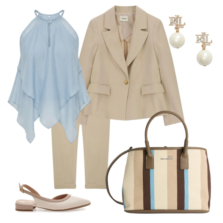 Outfit donna - Total look #2397707. Stile Casual chic per Ufficio. Abbinamento con shopping bag, canottiere, blazer, pantaloni, orecchini, ballerine.