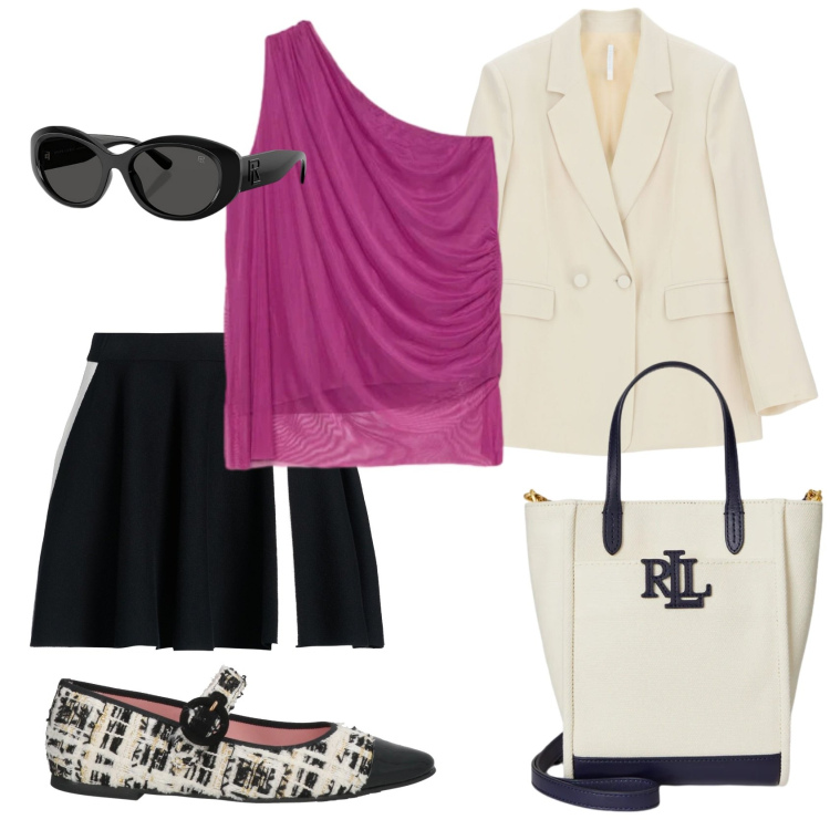 Outfit donna - Bianco Nero E.... Stile Glamour per Serata fuori. Abbinamento con ballerine, minigonne, blazer, top, occhiali da sole, borse tote.