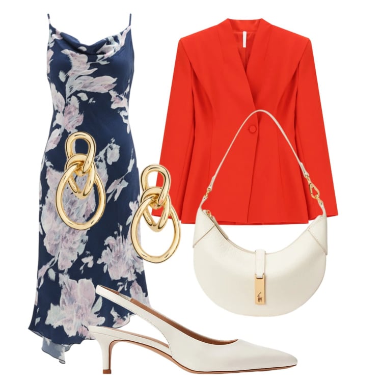 Outfit donna - Chic. Stile Chic per Cerimonia. Abbinamento con blazer, vestiti asimmetrici, décolleté, orecchini, borse a spalla.