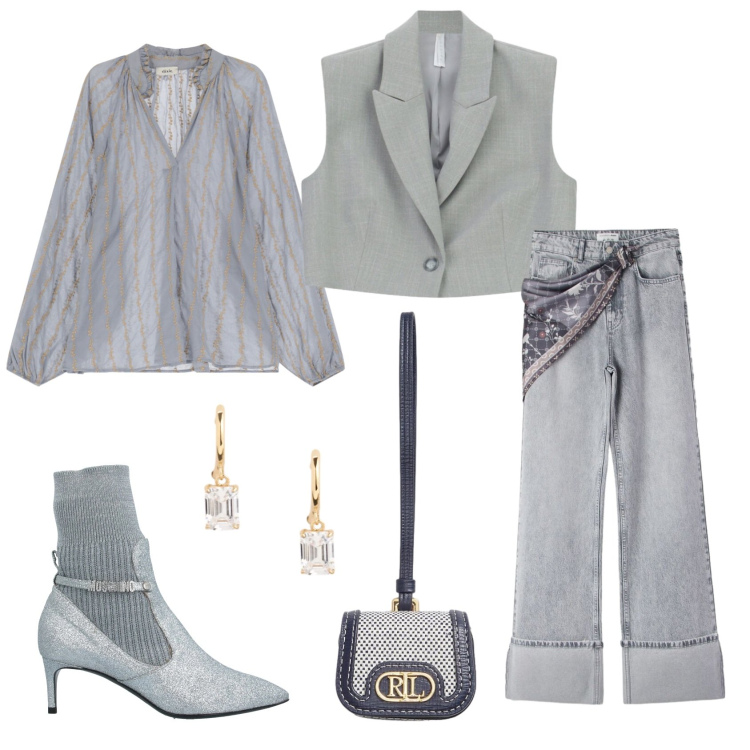 Outfit donna - Total look #2397716. Stile Chic per Serata fuori. Abbinamento con stivaletti, jeans, gilet, camicie, pochette, orecchini.