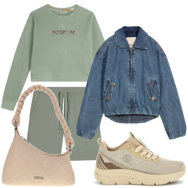 Outfit donna - Relax. Stile Casual per Tutti i giorni. Abbinamento con bomber, felpe, pantaloni corti, borse a spalla, sneakers.