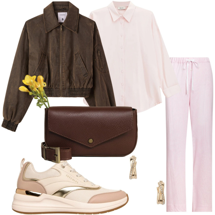 Outfit donna - Bomber crop. Stile Casual per Tutti i giorni. Abbinamento con bomber, camicie, borse a tracolla, orecchini, pantaloni, sneakers.