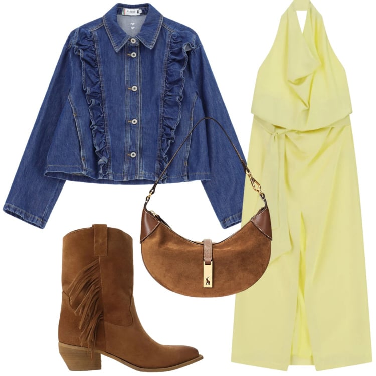 Outfit donna - Denim con volant. Stile Basic per Tutti i giorni. Abbinamento con blazer, vestiti lunghi, stivali, borse a spalla.