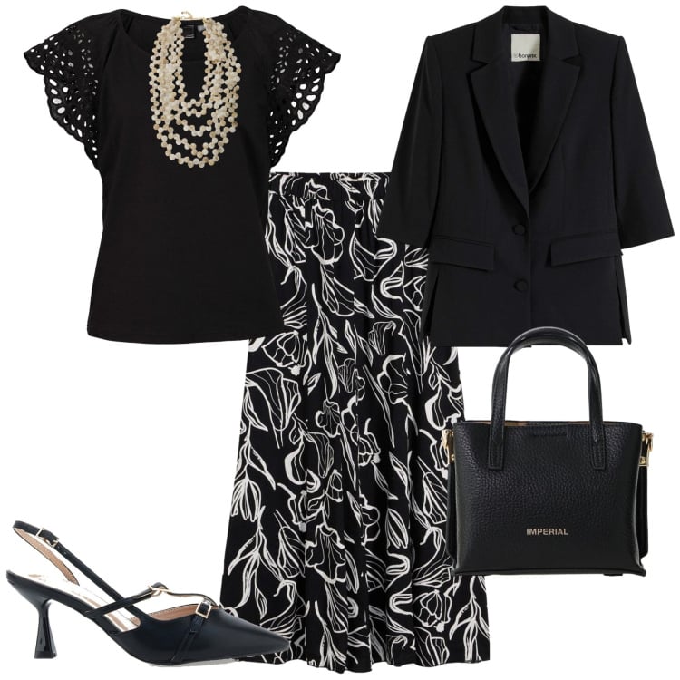 Outfit donna - In città. Stile Urban per Tutti i giorni. Abbinamento con gonne lunghe, bluse, blazer, collane, borse a tracolla, décolleté.