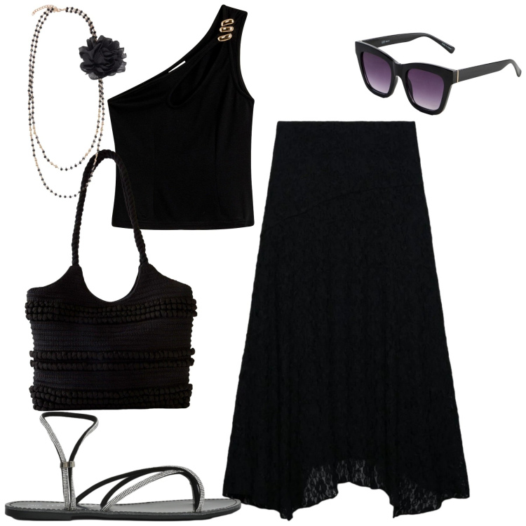 Outfit donna - Serata. Stile Casual chic per Serata fuori. Abbinamento con shopping bag, top, occhiali da sole, sandali, gonne lunghe, collane.