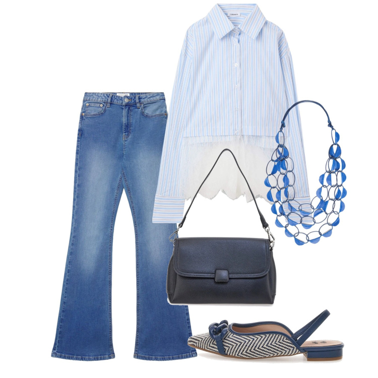 Outfit donna - Light Steps. Stile Bon Ton per Tutti i giorni. Abbinamento con camicie, jeans a zampa, collane, ballerine, borse a spalla.