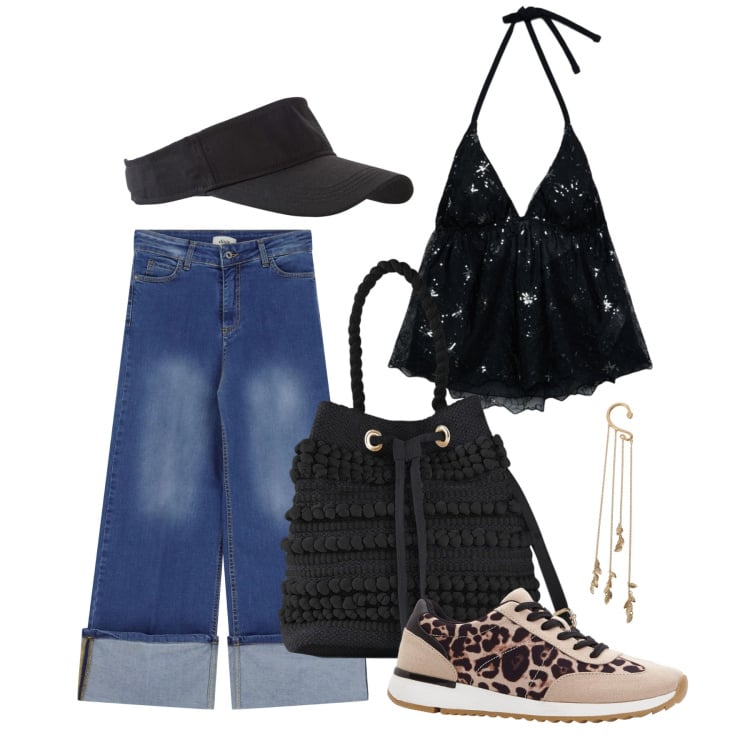 Outfit donna - Maggio. Stile Trendy per Tutti i giorni. Abbinamento con cappelli con visiera, sneakers, borse a secchiello, top, jeans dritti, orecchini.