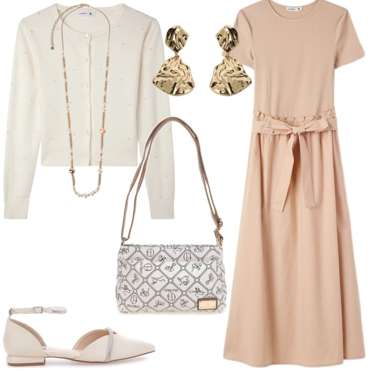 Outfit donna - Passi leggeri. Stile Romantica per Serata fuori. Abbinamento con cardigans, vestiti lunghi, orecchini, collane, ballerine, borse a tracolla.