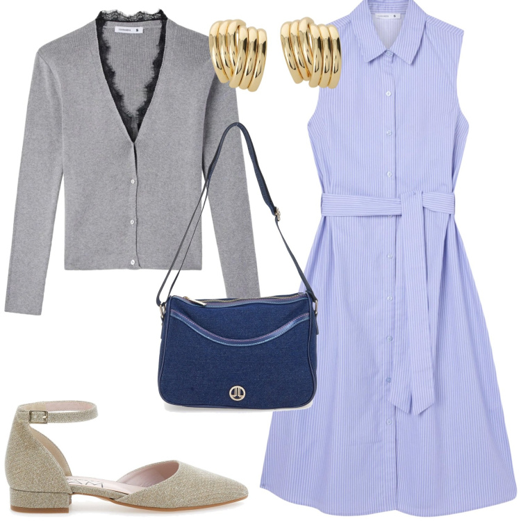 Outfit donna - Light Steps. Stile Bon Ton per Serata fuori. Abbinamento con cardigans, vestiti chemisier, orecchini, ballerine, borse a tracolla.
