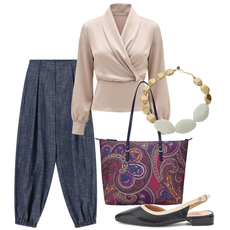 Outfit donna - Look da aperitivo primaverile. Stile Chic per Serata fuori. Abbinamento con pantaloni, bluse, collane, borse tote, sandali.