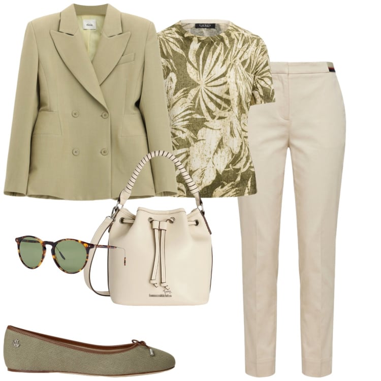 Outfit donna - City. Stile Urban per Tutti i giorni. Abbinamento con borse a secchiello, pantaloni chino, blazer, occhiali da sole, ballerine, t-shirt.