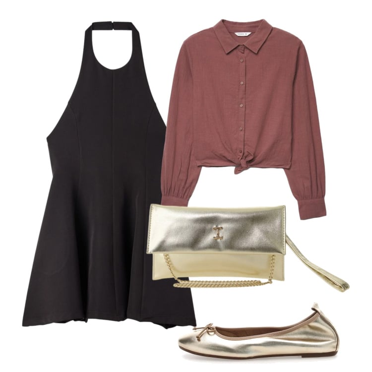 Outfit donna - Look da aperitivo primaverile. Stile Chic per Serata fuori. Abbinamento con camicie, vestiti corti, borse a tracolla, ballerine.