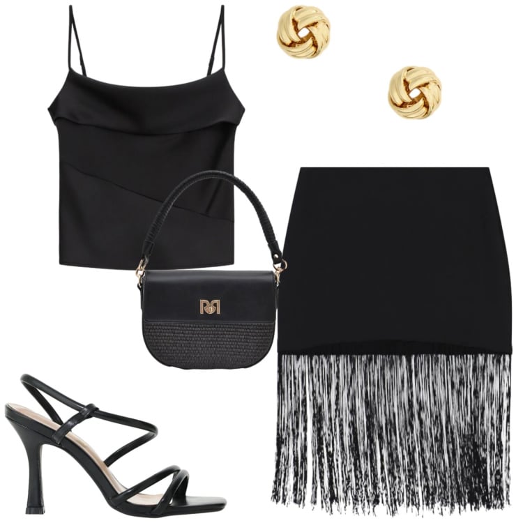 Outfit donna - Serata. Stile Glamour per Serata fuori. Abbinamento con canottiere, minigonne, sandali col tacco, borse a spalla, orecchini.