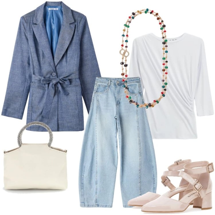 Outfit donna - Trendy in jeans per l\' aperitivo. Stile Trendy per Tutti i giorni. Abbinamento con jeans, blazer, top, collane, décolleté, borse a mano.
