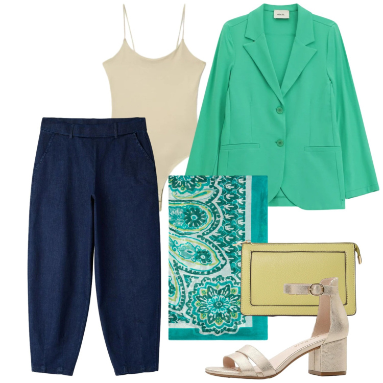 Outfit donna - A maggio con un foulard - @susystyle. Stile Chic per Tutti i giorni. Abbinamento con sandali col tacco, canottiere, jeans, borse a tracolla, blazer, foulard.