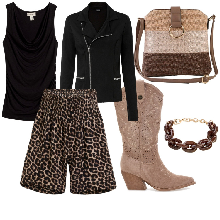 Outfit donna - Serate quasi estive. Stile Rock per Serata fuori. Abbinamento con blazer, top, braccialetti, borse a tracolla, pantaloni corti, stivaletti texani.