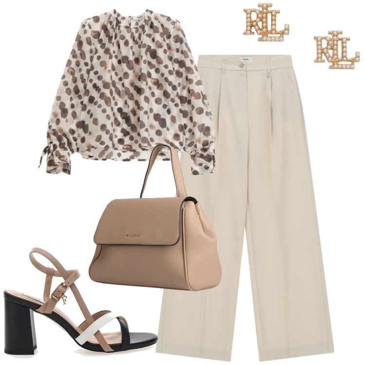 Outfit donna - City. Stile Urban per Tutti i giorni. Abbinamento con zaini, bluse, pantaloni a palazzo, orecchini, sandali col tacco.