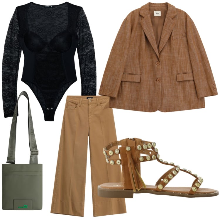 Outfit donna - Body e borchie. Stile Glamour per Tutti i giorni. Abbinamento con t-shirt, borse a tracolla, sandali, pantaloni a palazzo, blazer.
