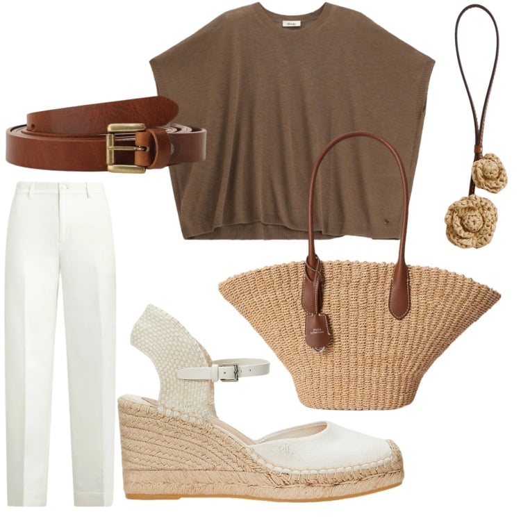 Outfit donna - Tote bag in rafia. Stile Glamour per Tutti i giorni. Abbinamento con cinture, top, espadrillas, pantaloni, ciondoli, borse tote.